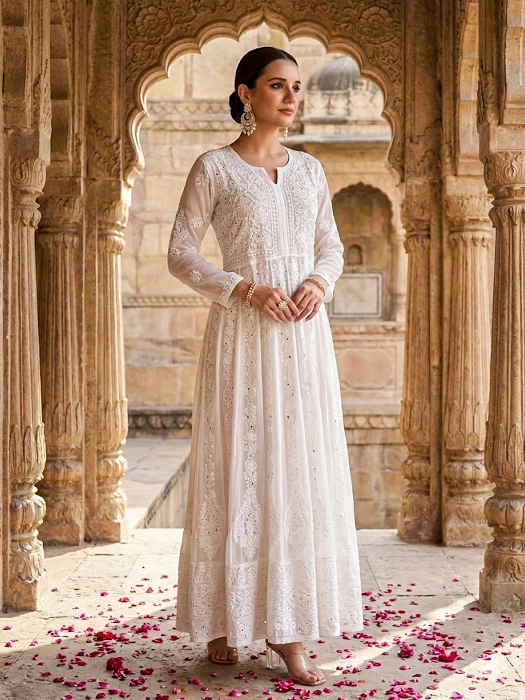 Naazni  Viscose Chikankari Anarkali with Dupatta - White
