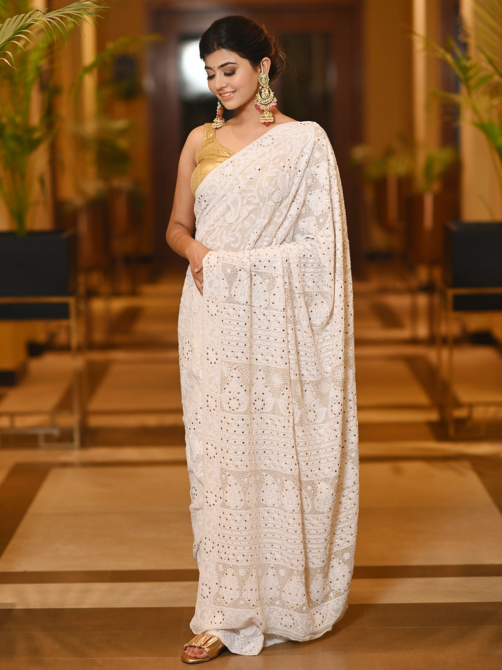 White Pure Georgette All Over Mukaish Work Chikankari Saree