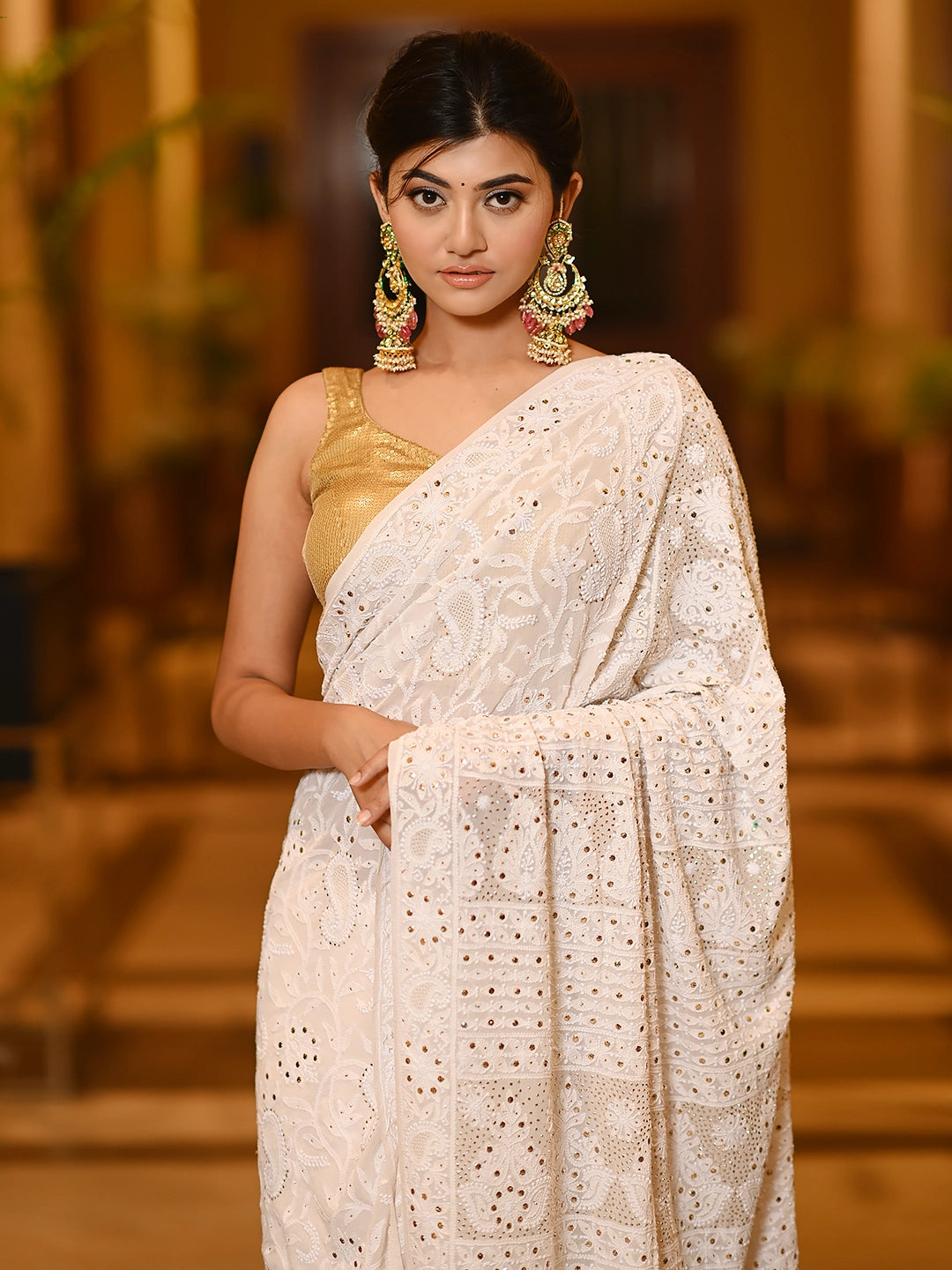 White Pure Georgette All Over Mukaish Work Chikankari Saree