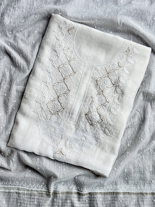 Ryna Mul Chanderi Chikankari Kurti Piece with Dupatta - White