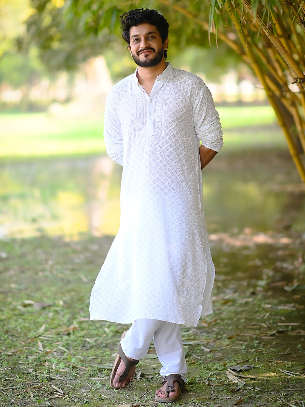 White Shaan Viscose Chikankari Mens Kurta Set