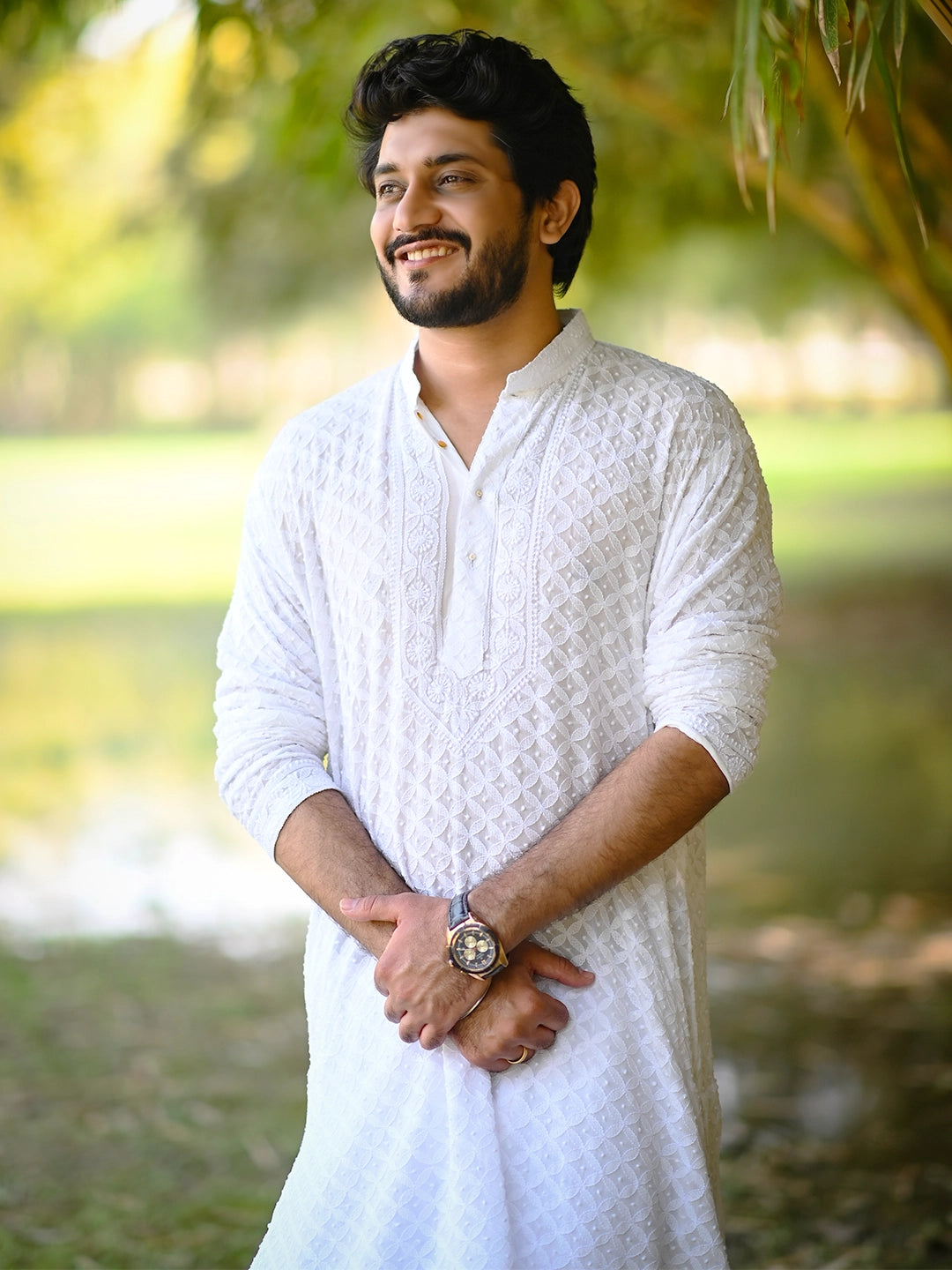 White Shaan Viscose Chikankari Mens Kurta Set