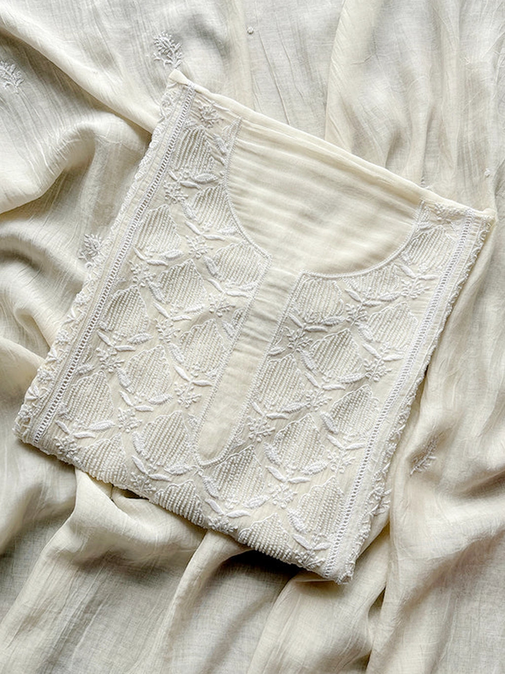 White Vamsee Mul Chanderi Chikankari Un-stitched Kurti Piece with Dupatta