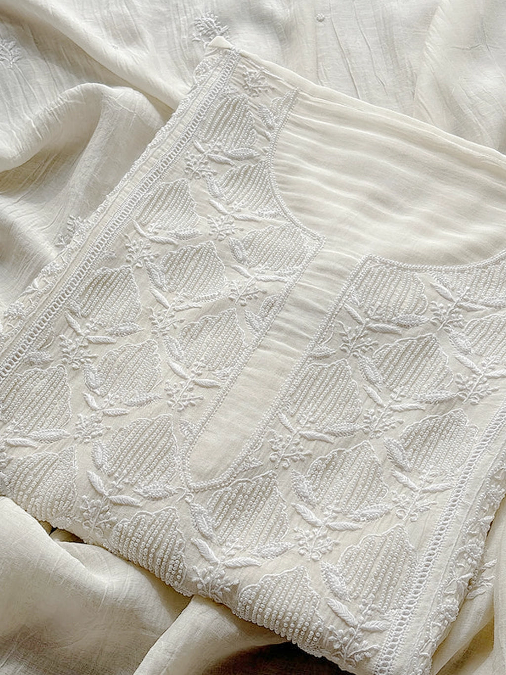 White Vamsee Mul Chanderi Chikankari Un-stitched Kurti Piece with Dupatta