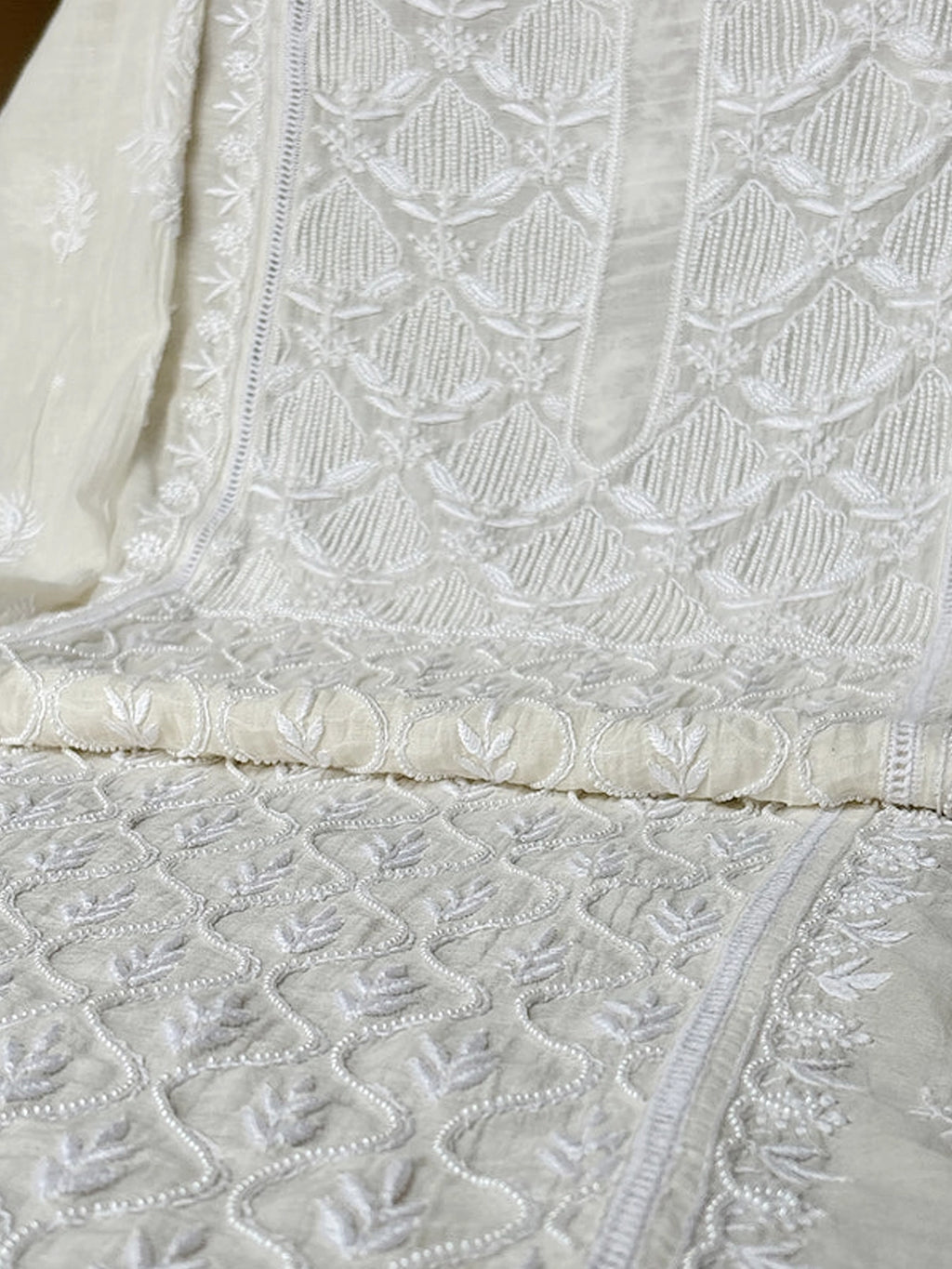 White Vamsee Mul Chanderi Chikankari Un-stitched Kurti Piece with Dupatta