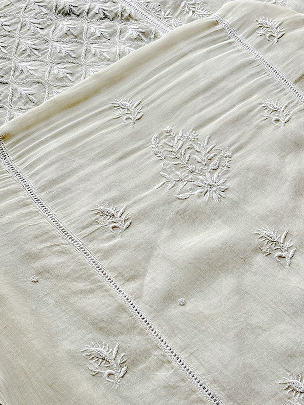 White Vamsee Mul Chanderi Chikankari Un-stitched Kurti Piece with Dupatta
