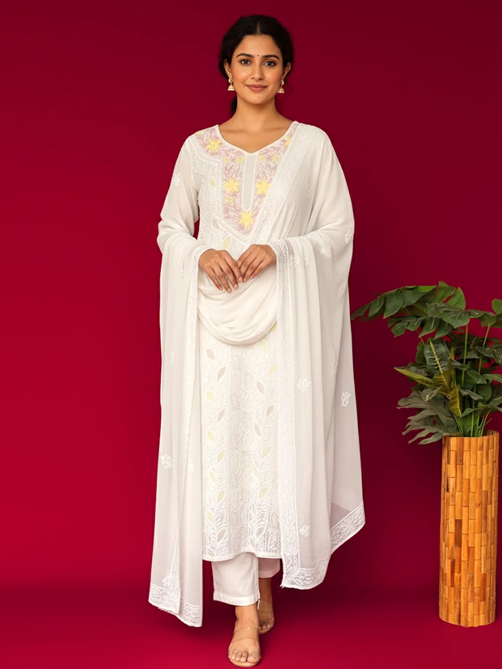 White Viscose Chikankari Straight Kurta With Dupatta