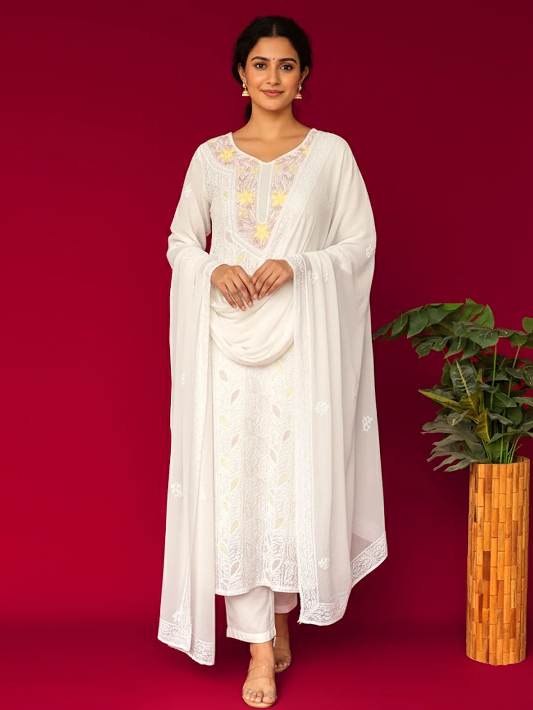 White Viscose Chikankari Straight Kurta With Dupatta