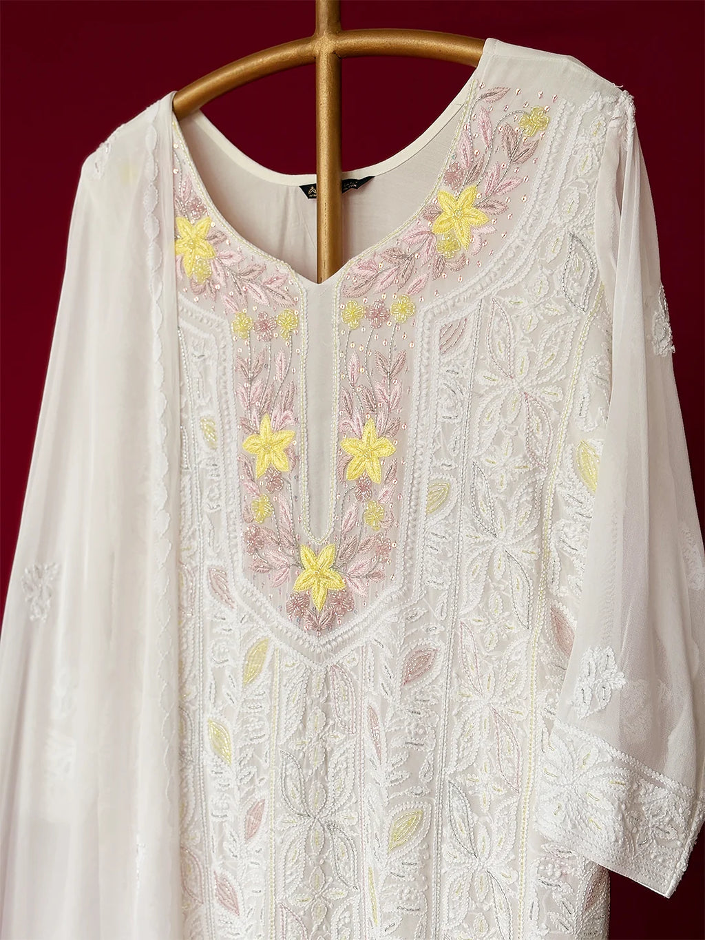 White Viscose Chikankari Straight Kurta With Dupatta