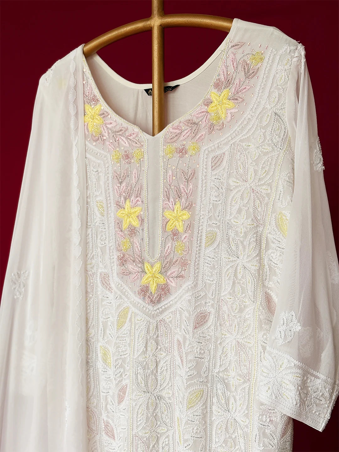 White Viscose Chikankari Straight Kurta With Dupatta