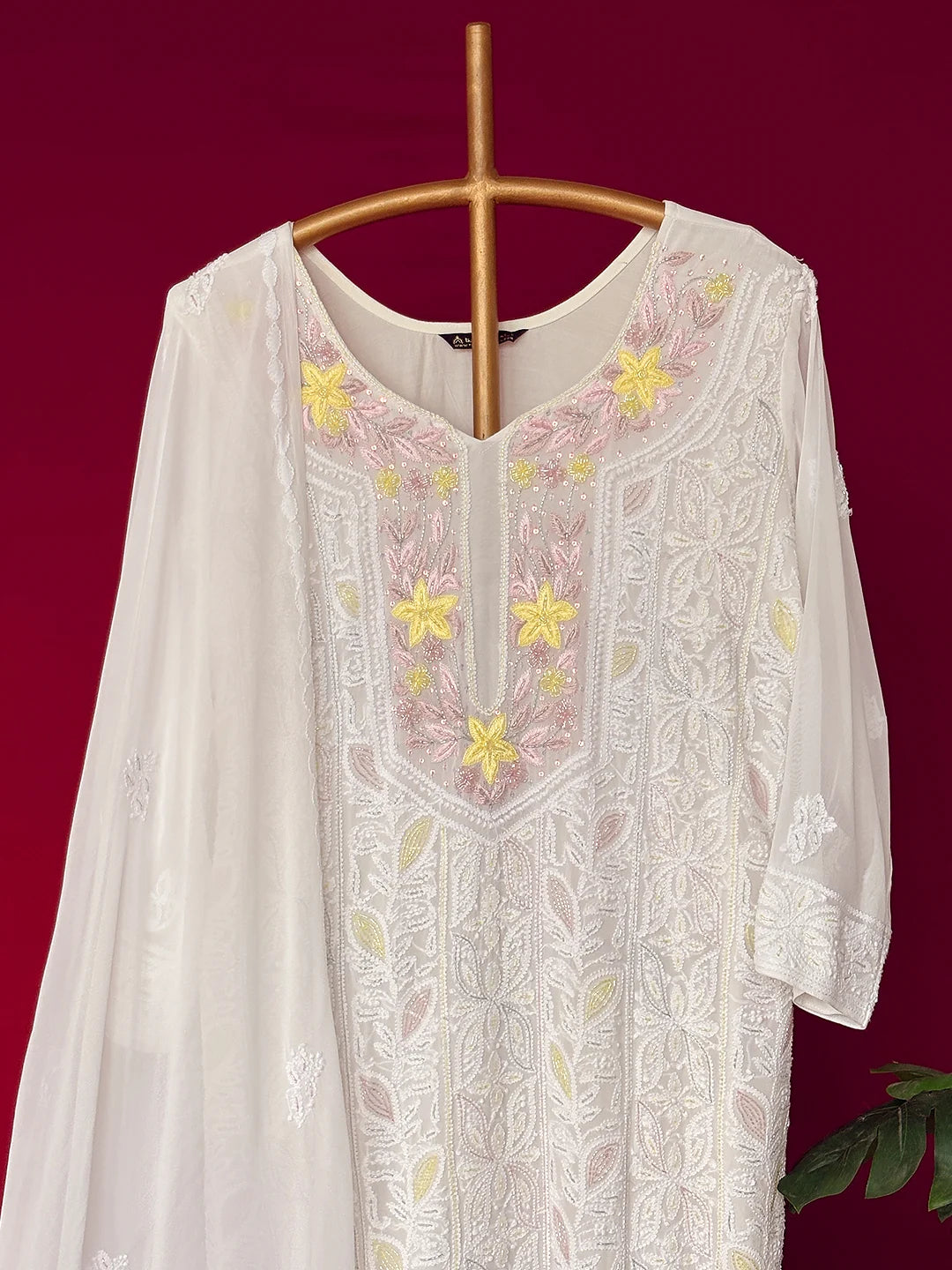 White Viscose Chikankari Straight Kurta With Dupatta