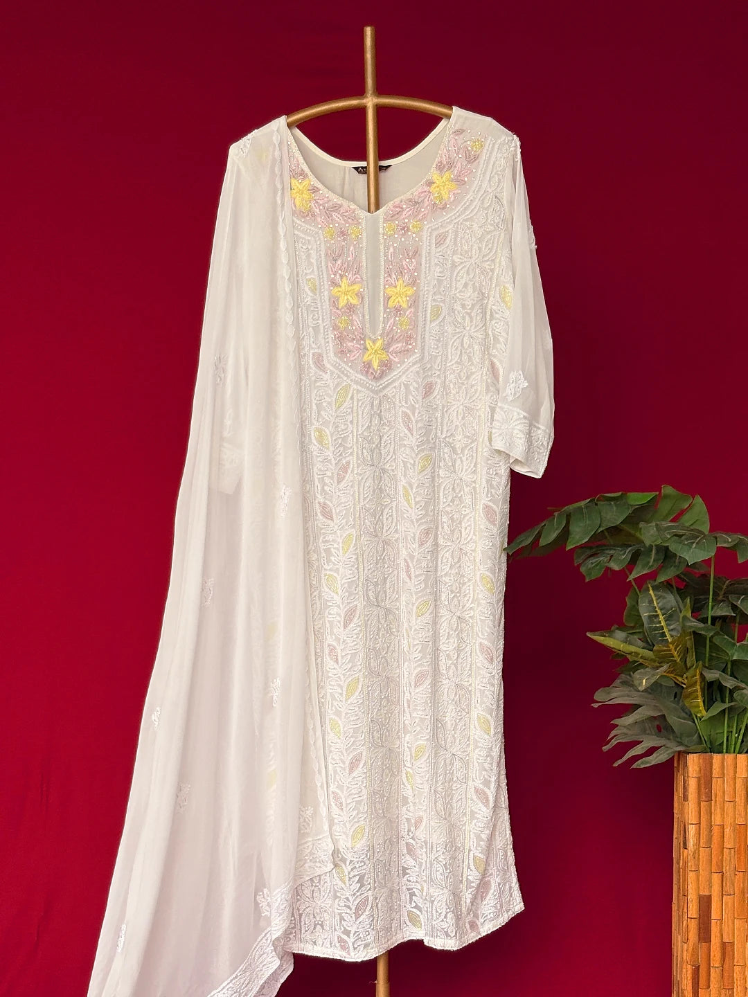 White Viscose Chikankari Straight Kurta With Dupatta