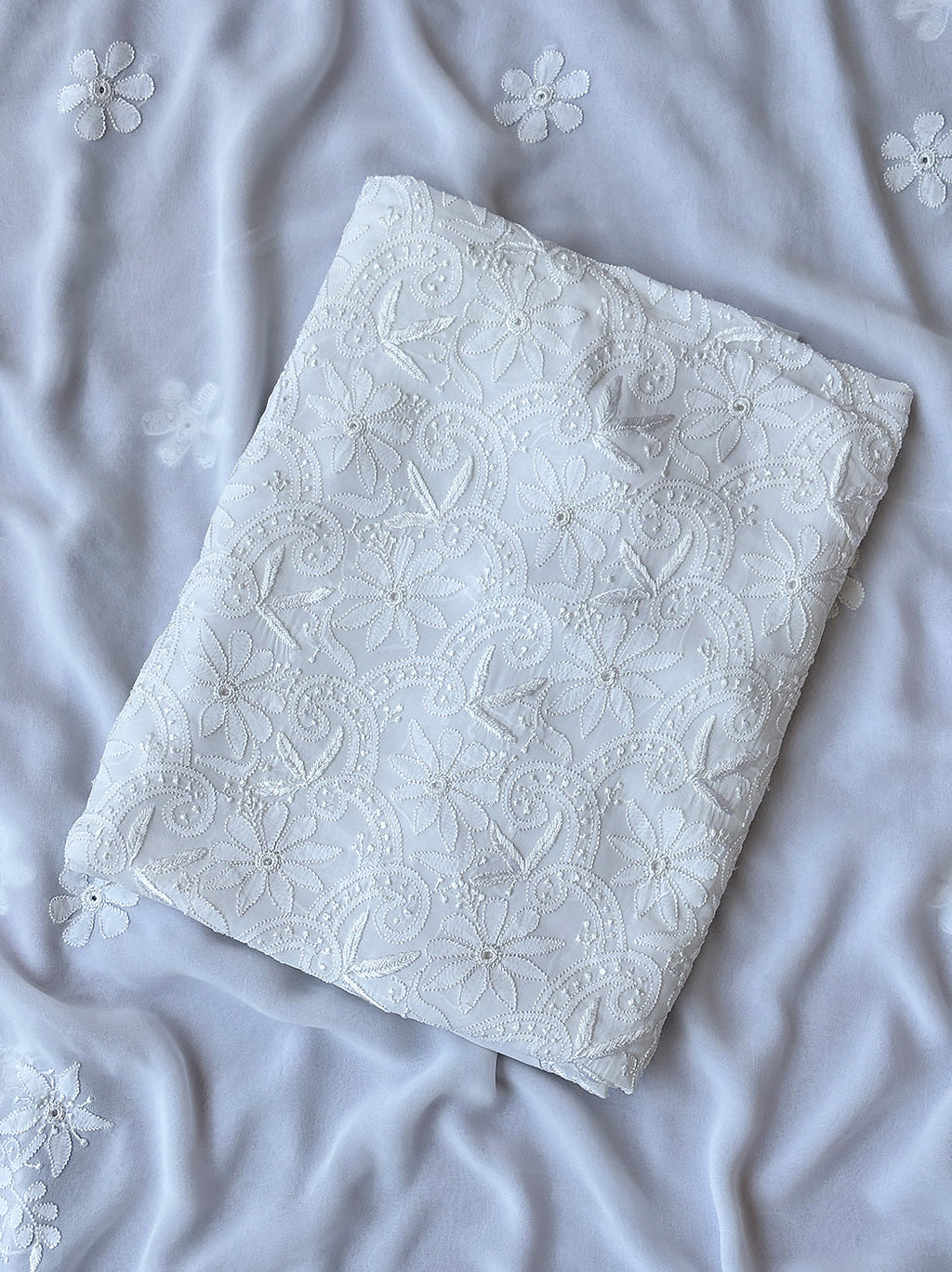 White Viscose Chikankari Un-Stitched Kurti Piece with Dupatta