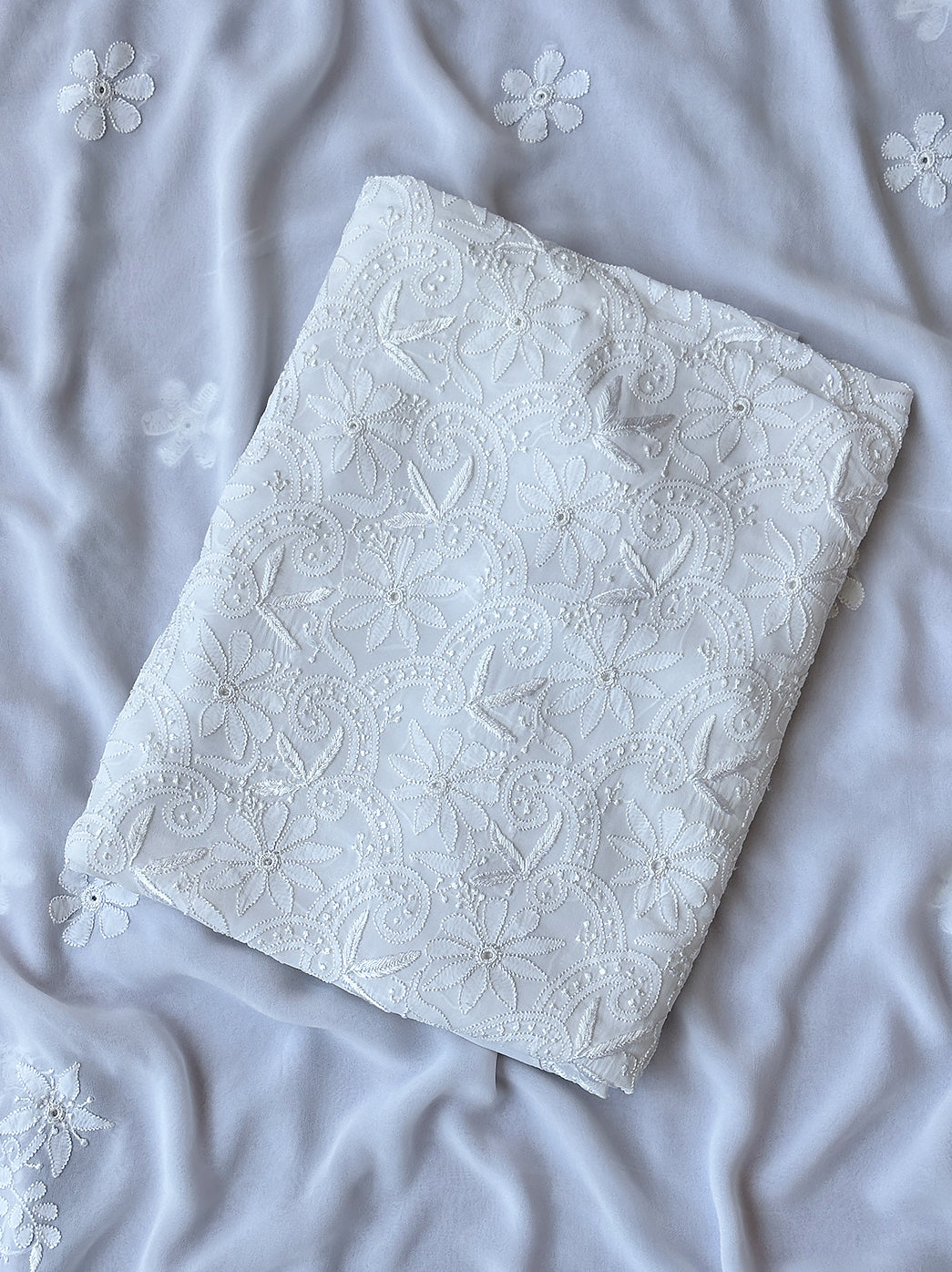 White Viscose Chikankari Un-Stitched Kurti Piece with Dupatta