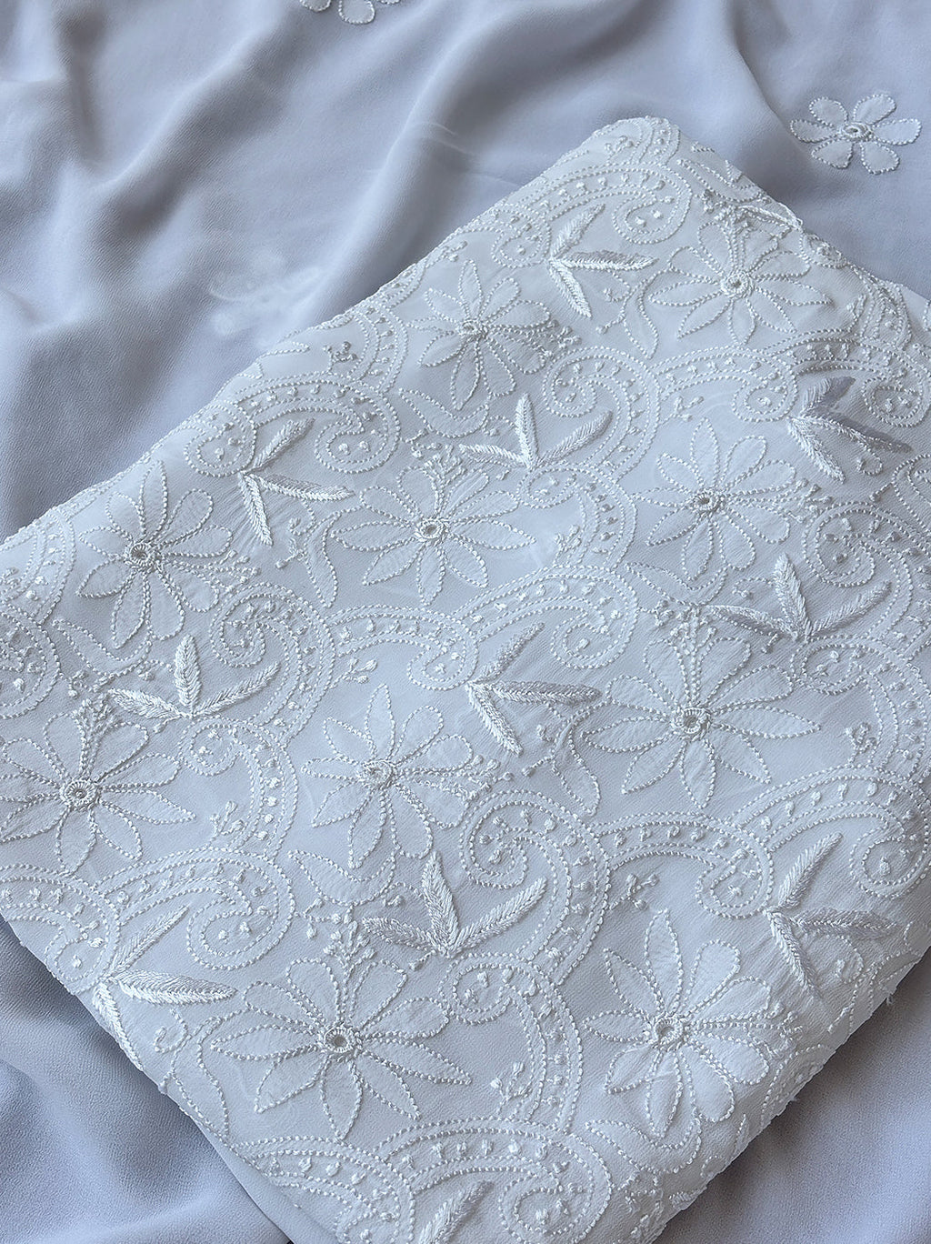 White Viscose Chikankari Un-Stitched Kurti Piece with Dupatta