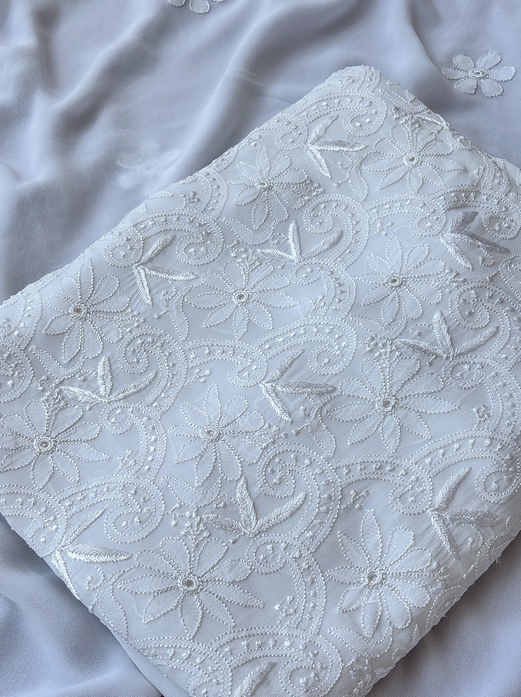 White Viscose Chikankari Un-Stitched Kurti Piece with Dupatta