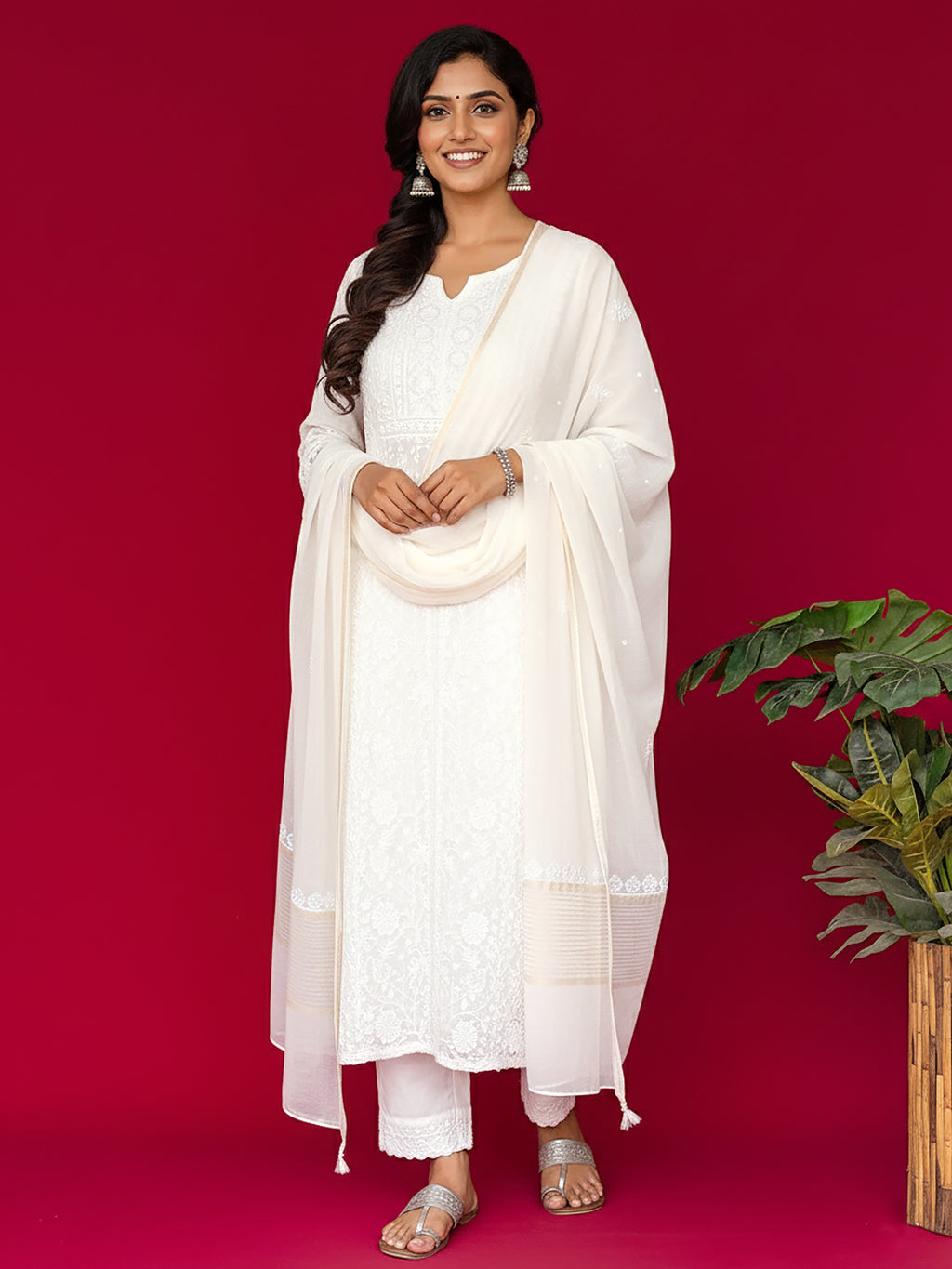 Woman in a white chikankari outfit standing against a red background with a plant on the right.