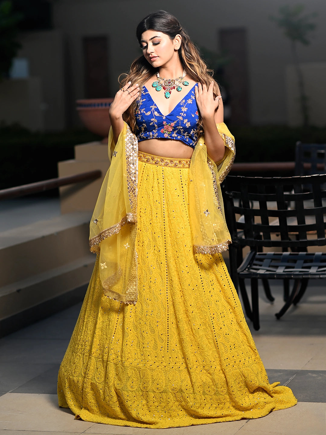 Yellow Viscose Chikankari Embroidered Lehenga Set