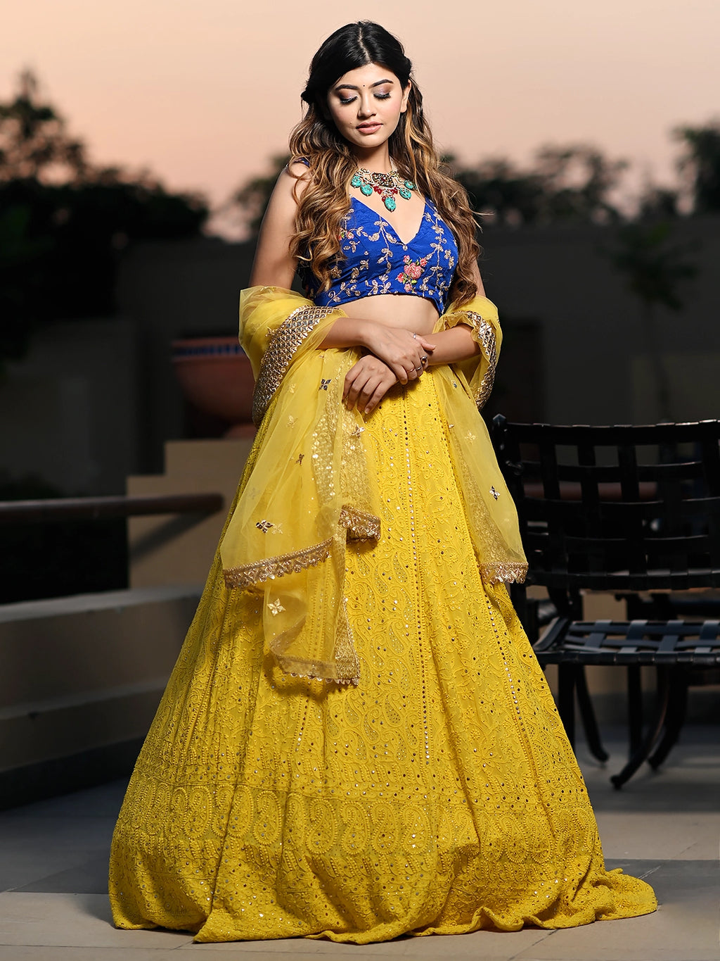 Yellow Viscose Chikankari Embroidered Lehenga Set