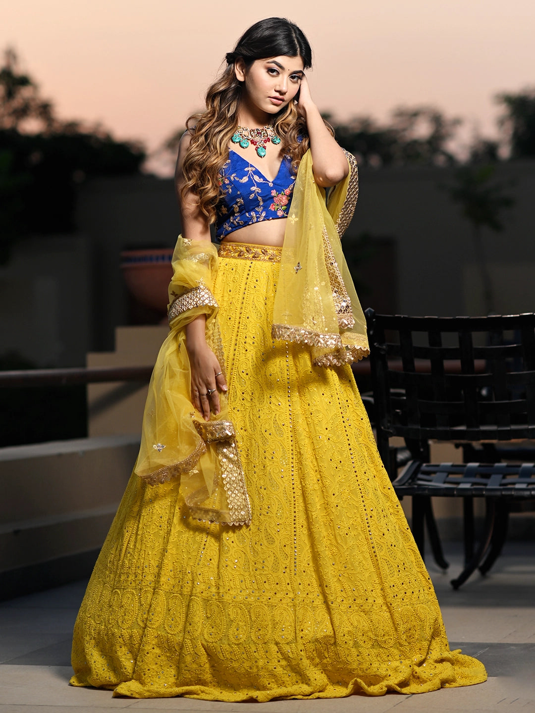 Yellow Viscose Chikankari Embroidered Lehenga Set