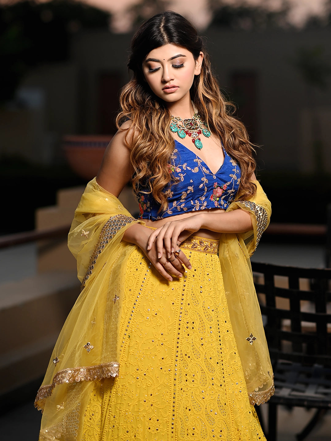 Yellow Viscose Chikankari Embroidered Lehenga Set