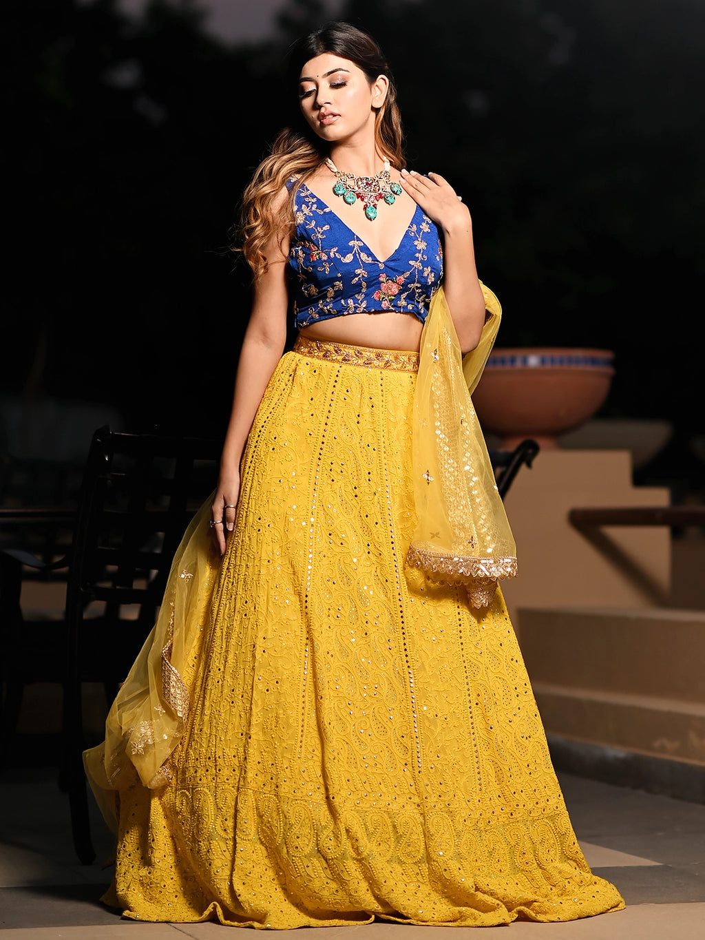Yellow Viscose Chikankari Embroidered Lehenga Set