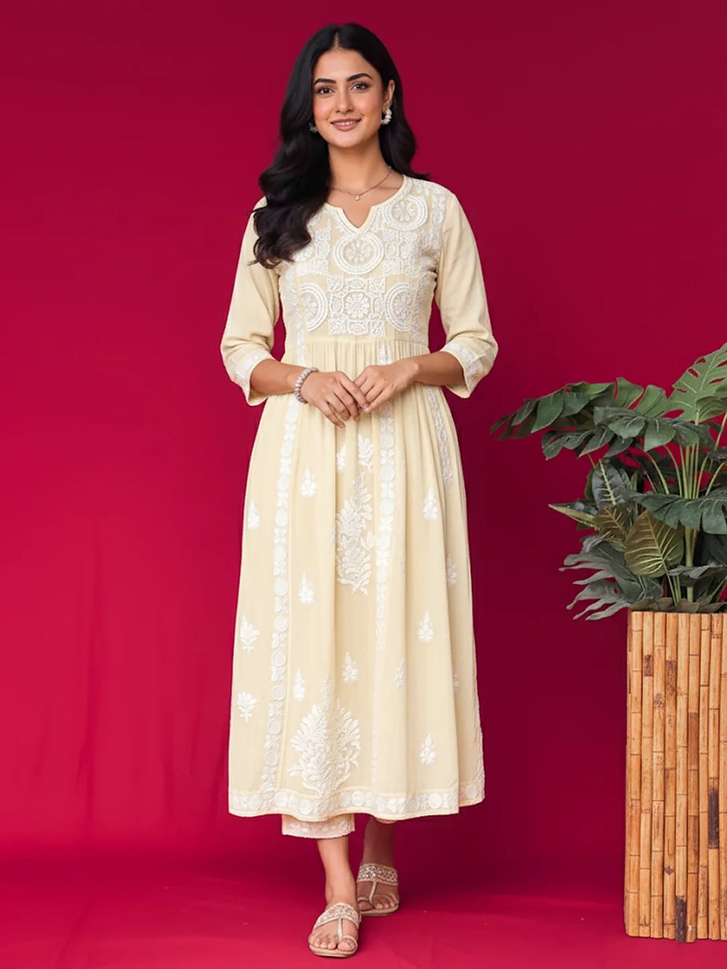 Yellow Crepe Chikankari Straight Kurta