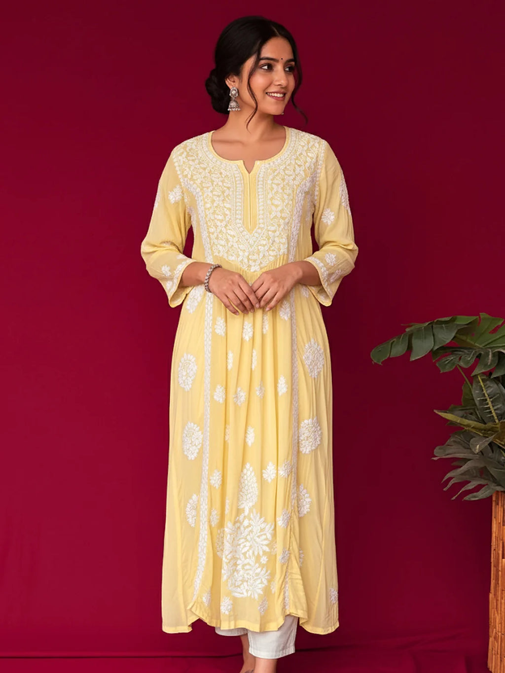 Yellow Crepe Chikankari Straight Kurta