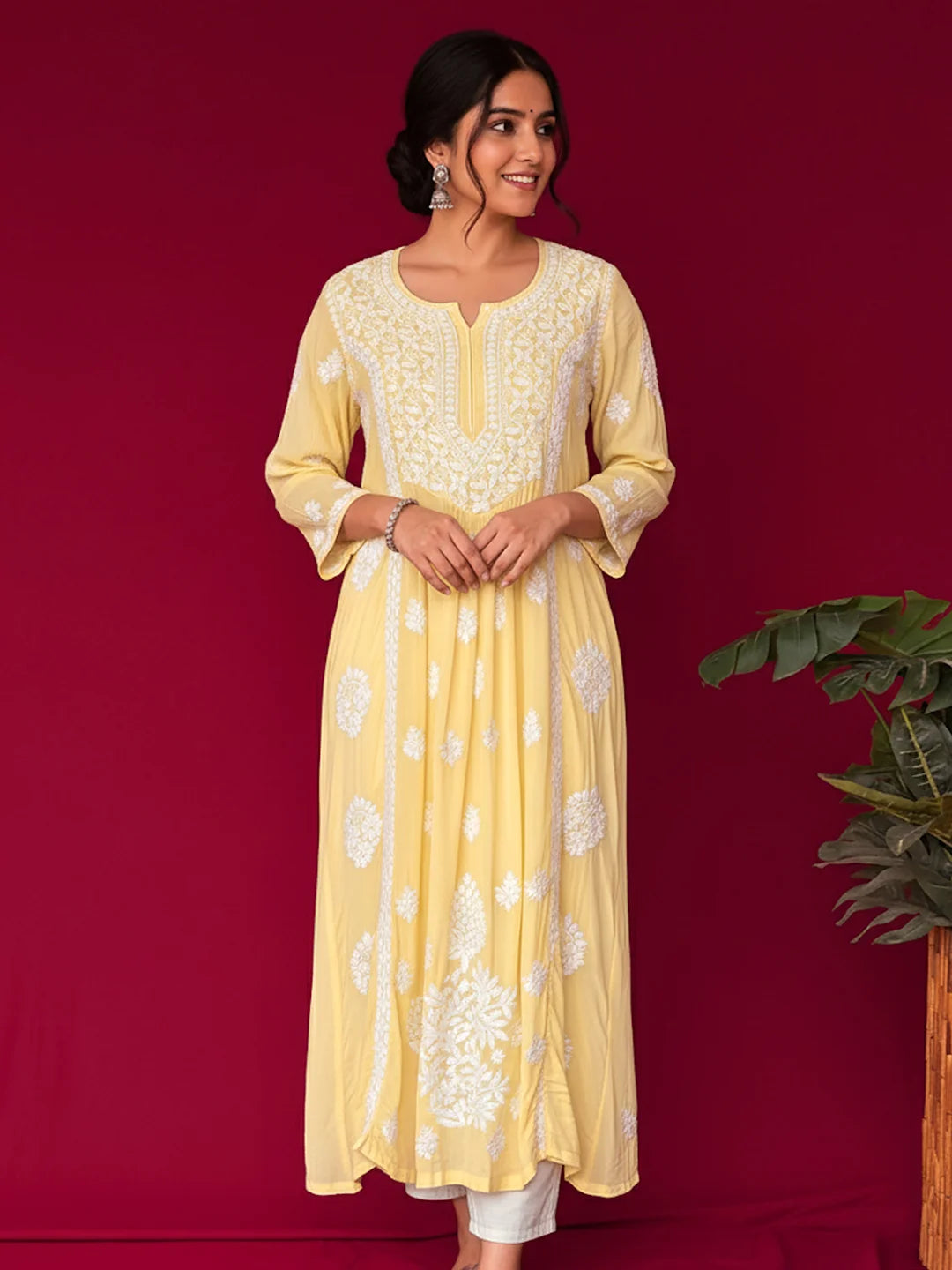 Yellow Crepe Chikankari Straight Kurta