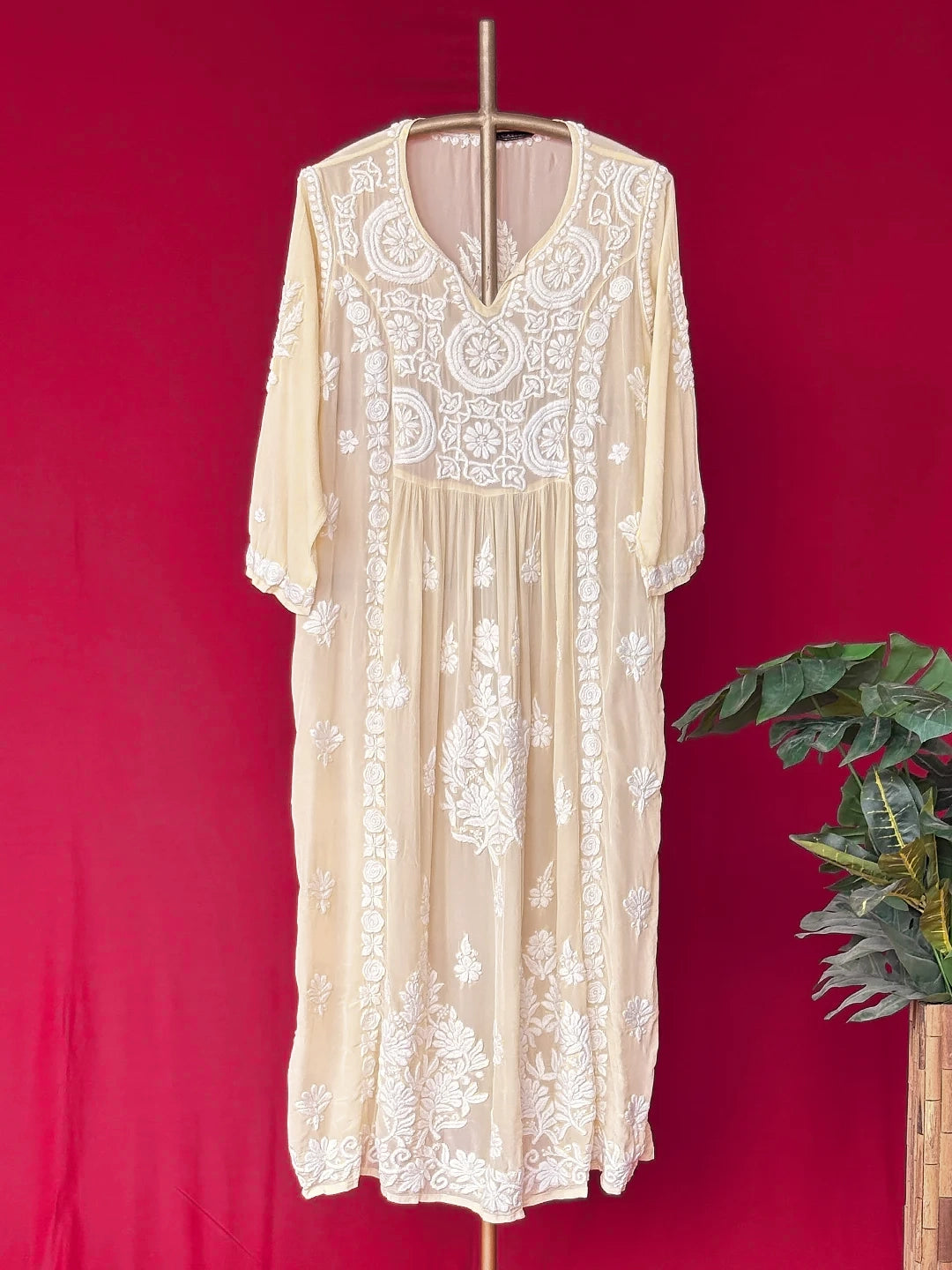 Yellow Crepe Chikankari Straight Kurta