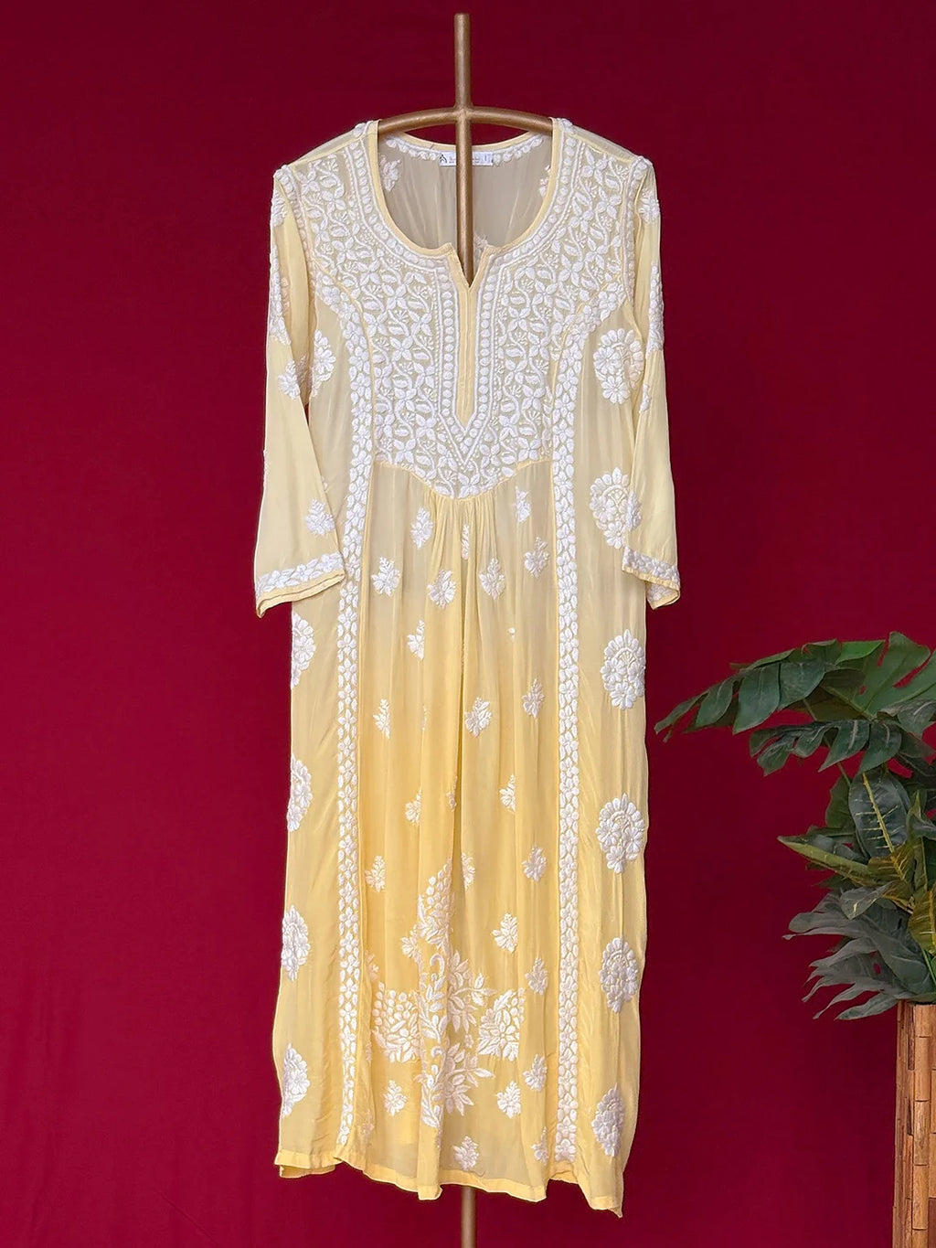 Yellow Crepe Chikankari Straight Kurta