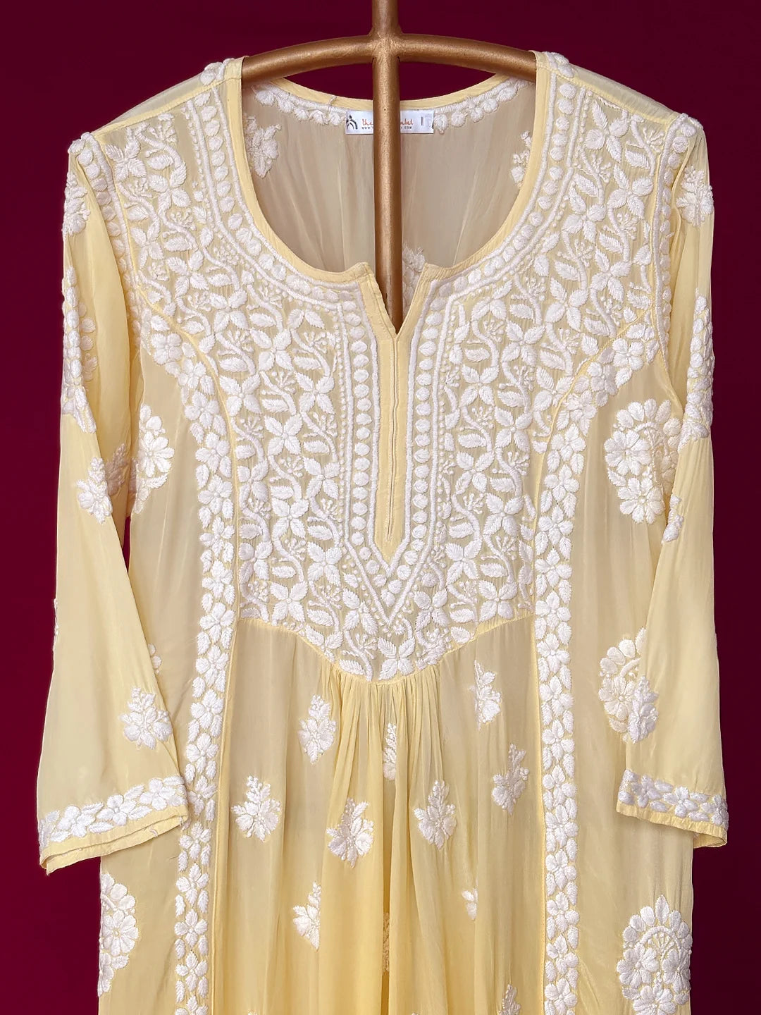 Yellow Crepe Chikankari Straight Kurta