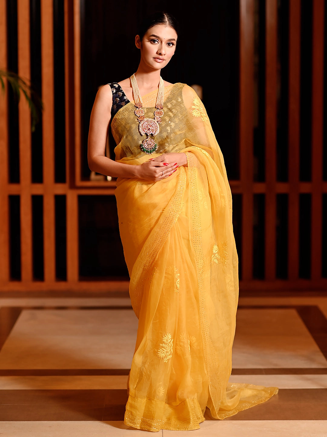 Yellow Eesha Organza Chikankari Embroidered Saree