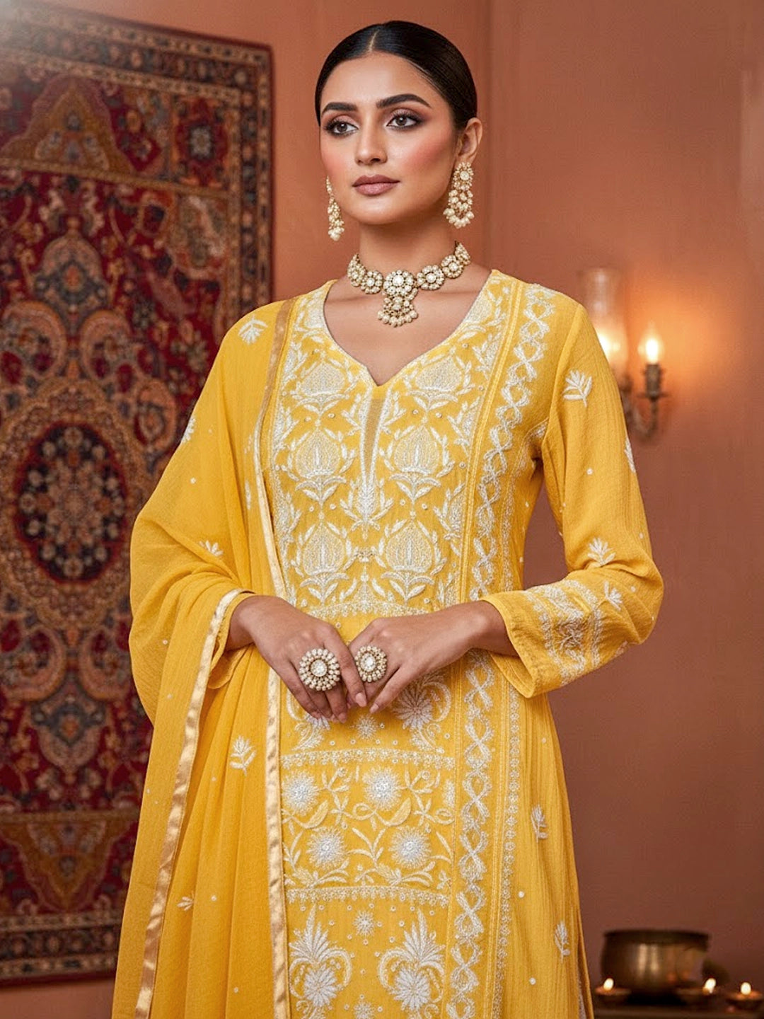 Yellow Mul Chanderi Chikankari Straight Kurta With Dupatta