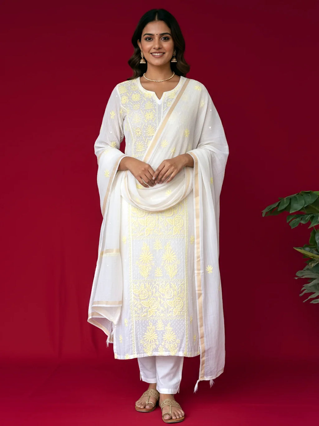 White Mul Chanderi Chikankari Straight Kurta With Dupatta