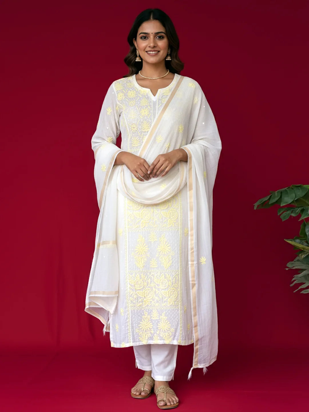 White Mul Chanderi Chikankari Straight Kurta With Dupatta