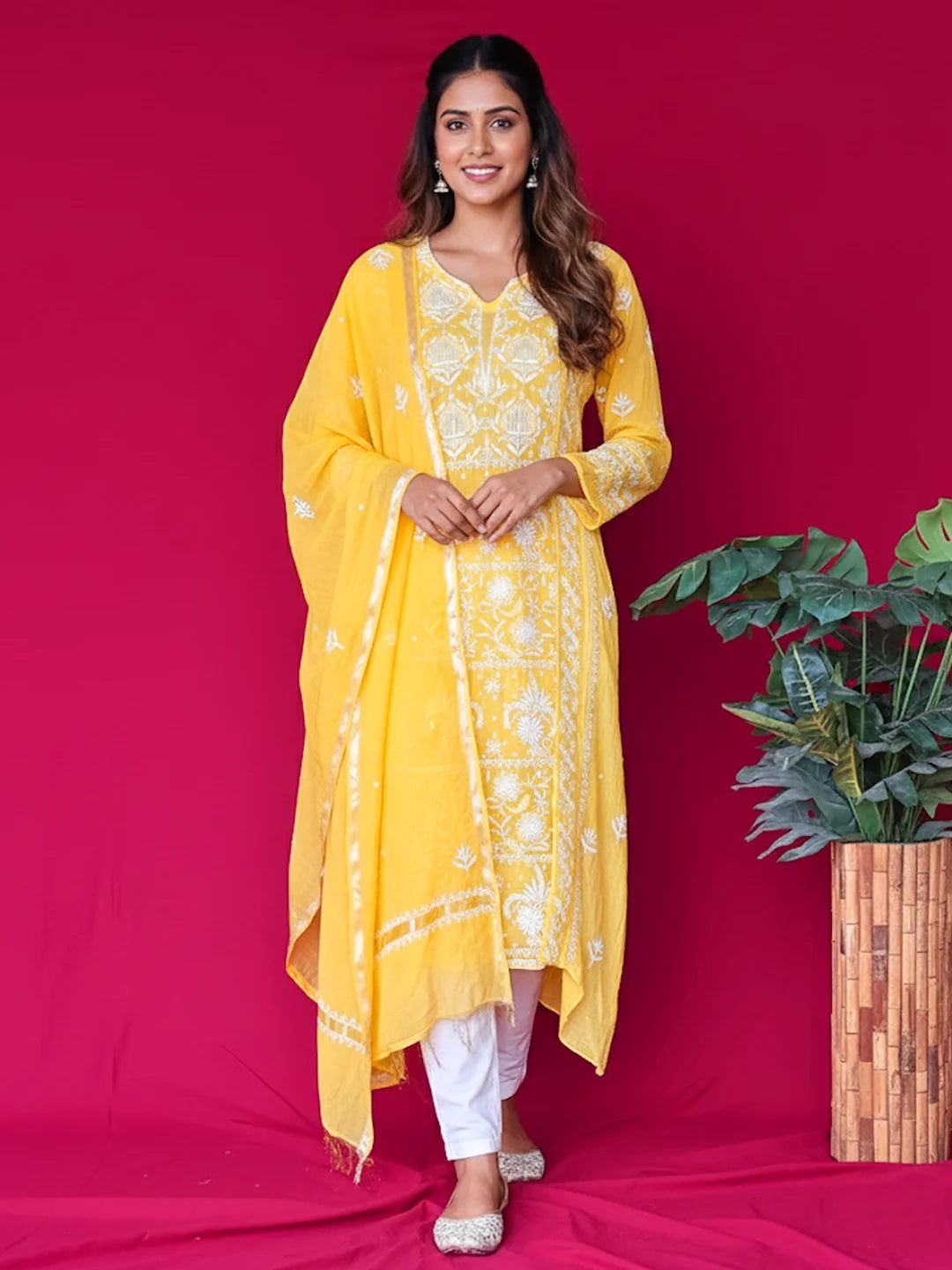 Yellow Mul Chanderi Chikankari Straight Kurta With Dupatta