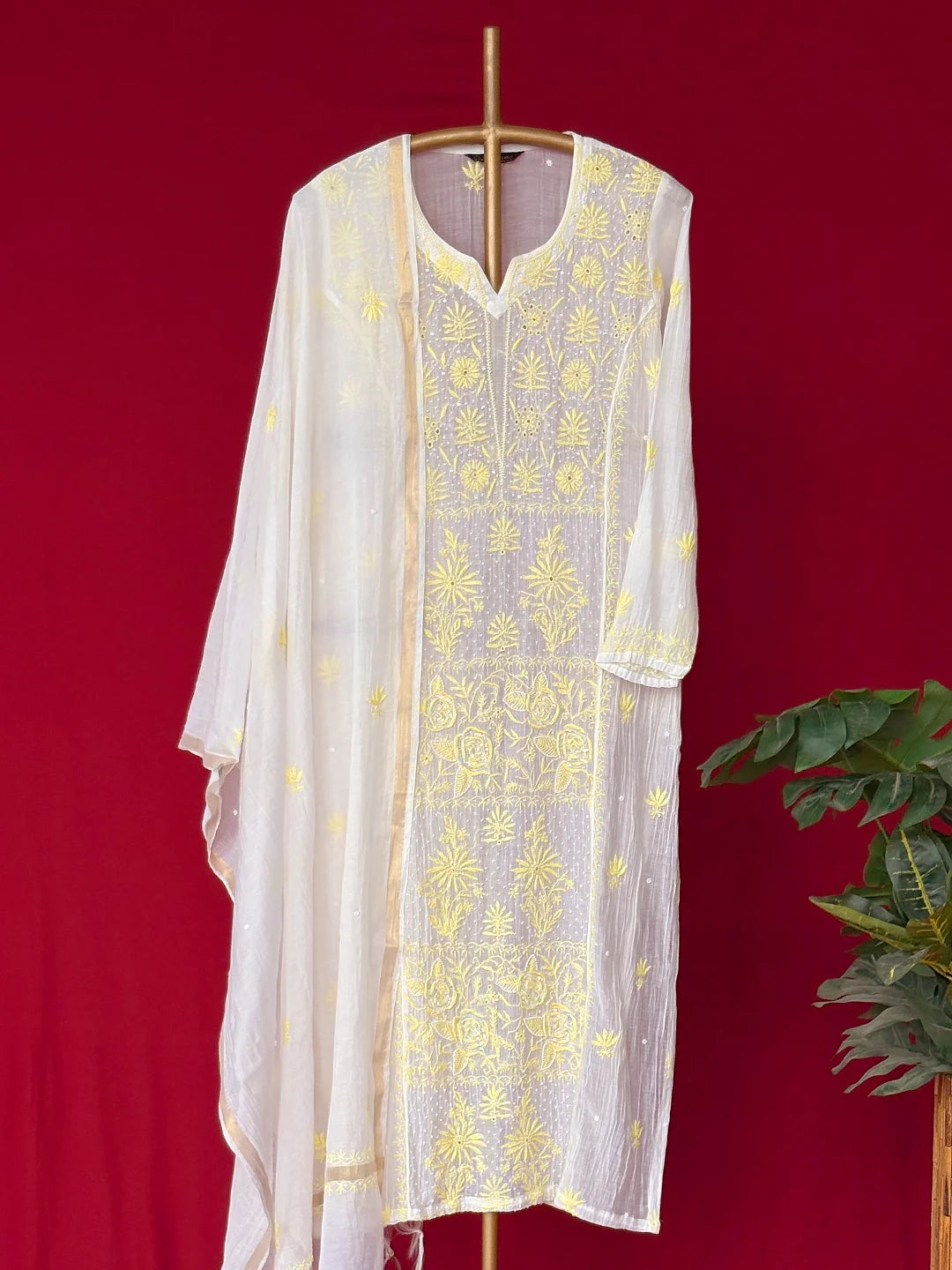 White Mul Chanderi Chikankari Straight Kurta With Dupatta