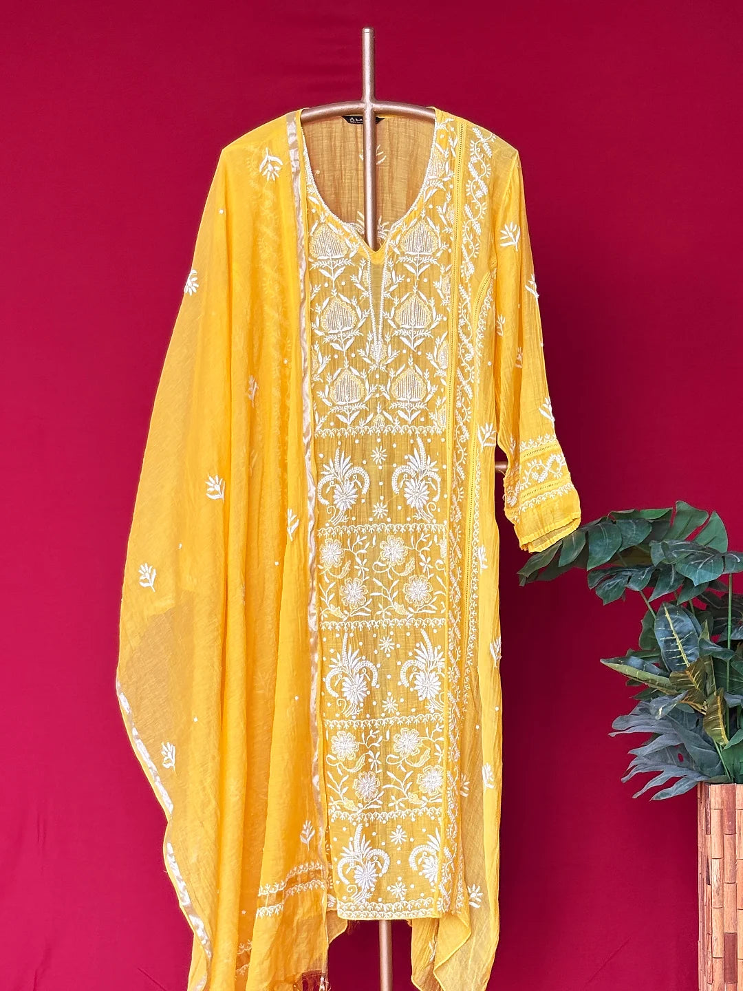 Yellow Mul Chanderi Chikankari Straight Kurta With Dupatta