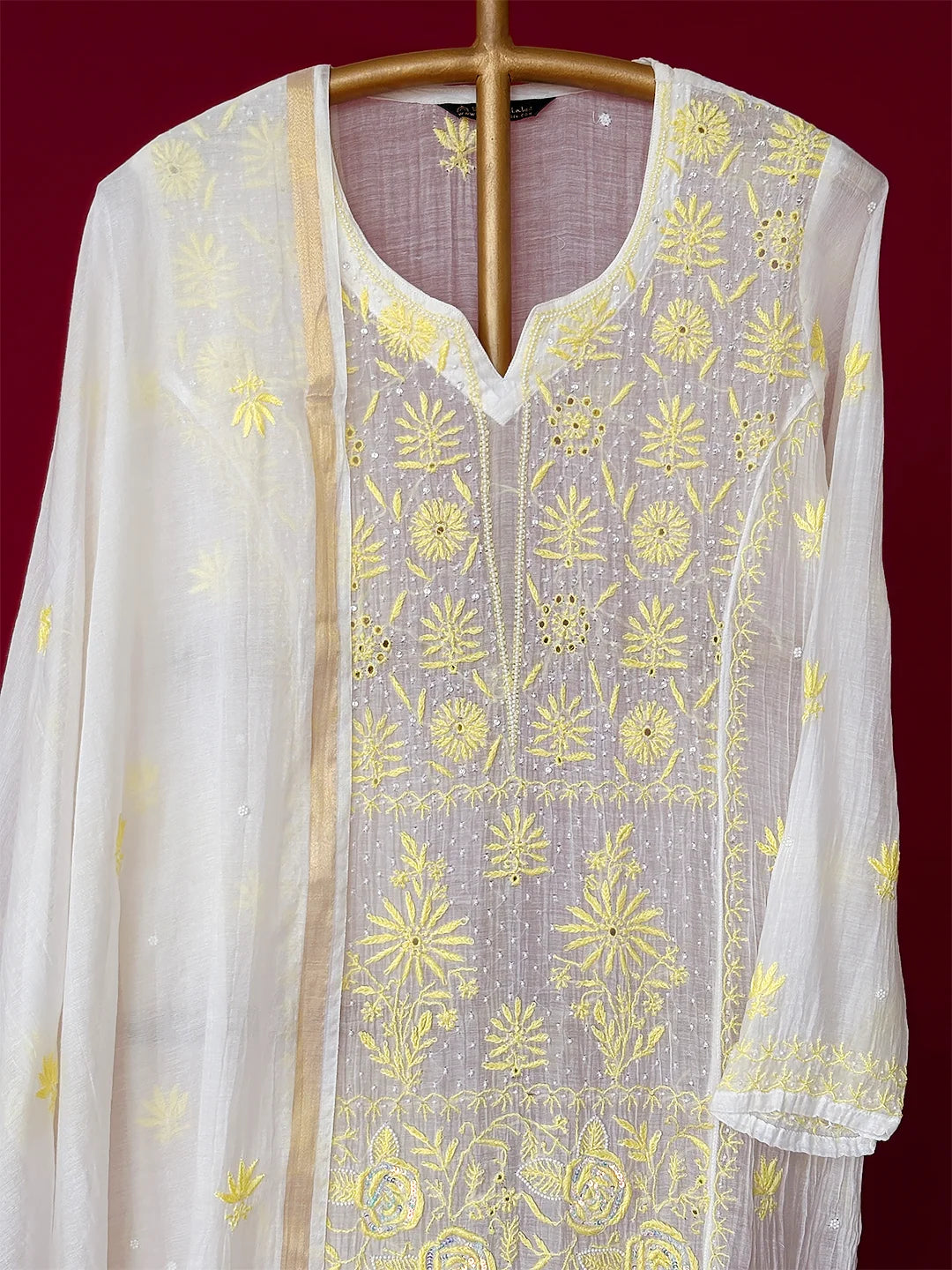 White Mul Chanderi Chikankari Straight Kurta With Dupatta