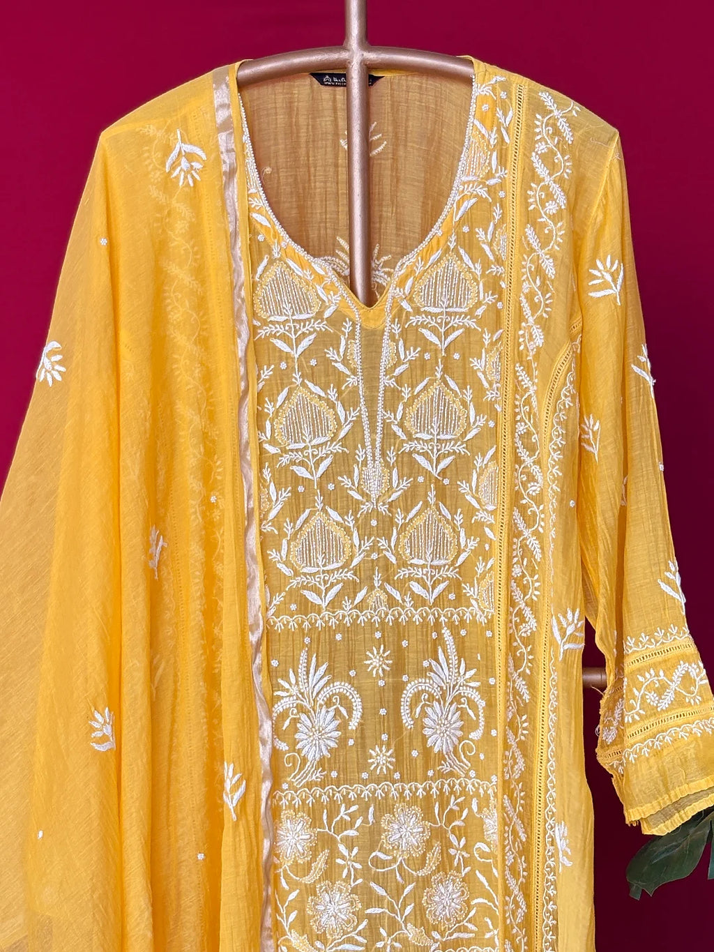 Yellow Mul Chanderi Chikankari Straight Kurta With Dupatta