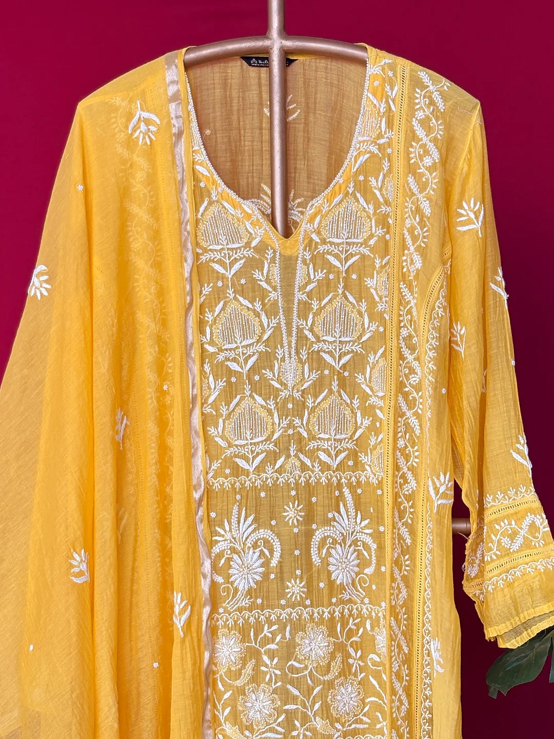 Yellow Mul Chanderi Chikankari Straight Kurta With Dupatta