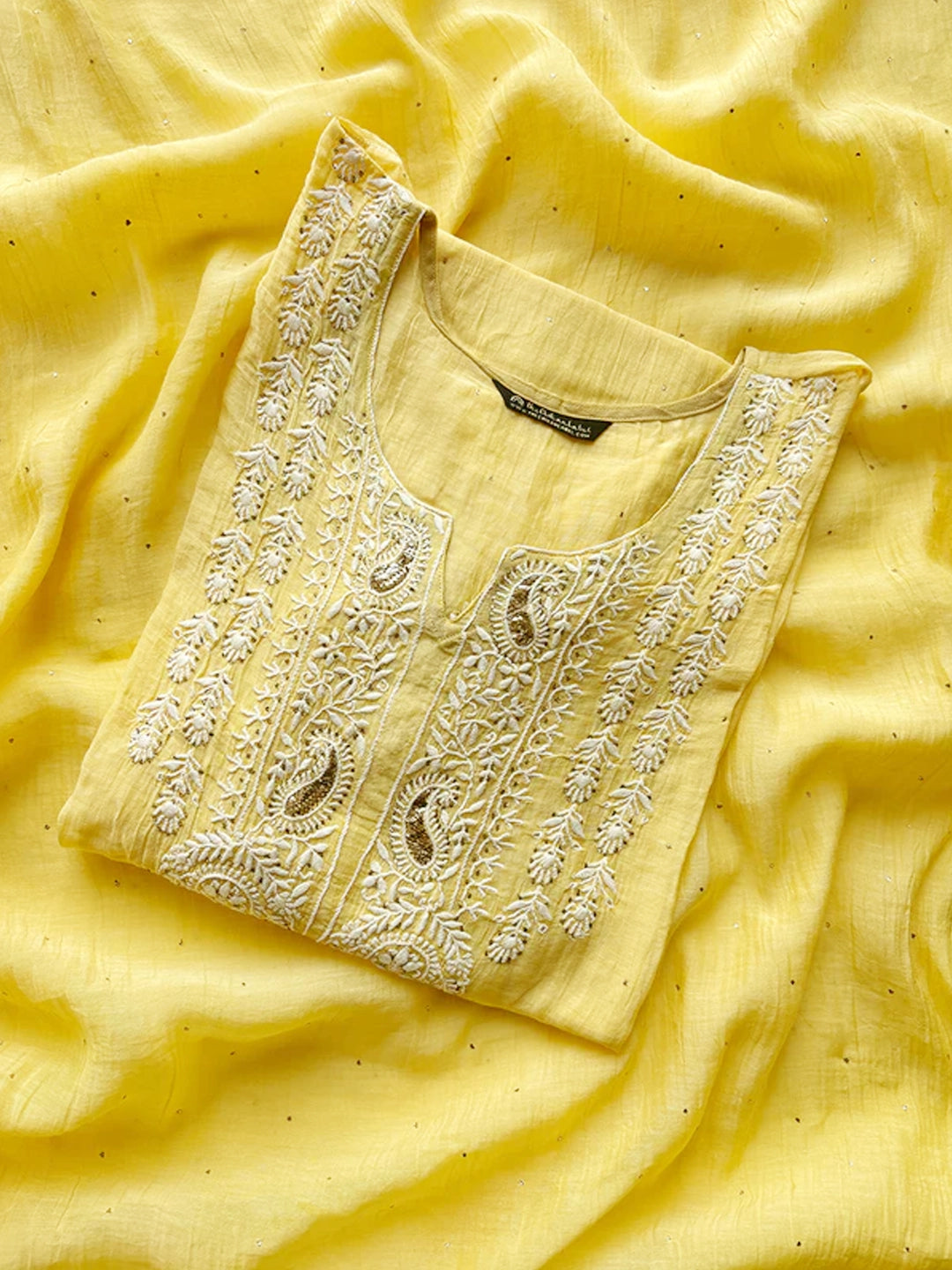Yellow Mul Chanderi Chikankari Semi-stitched Kurti Piece with Dupatta