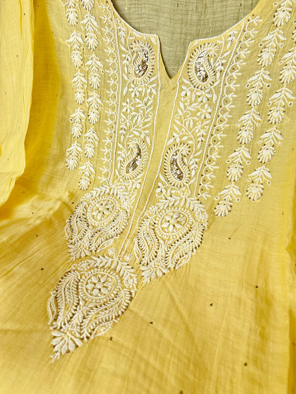 Yellow Mul Chanderi Chikankari Semi-stitched Kurti Piece with Dupatta
