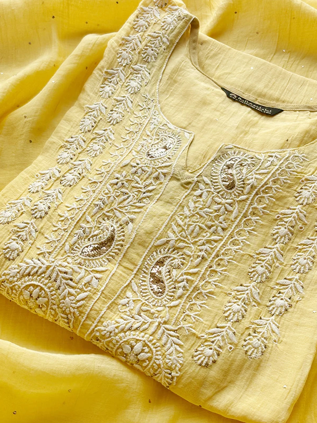 Yellow Mul Chanderi Chikankari Semi-stitched Kurti Piece with Dupatta