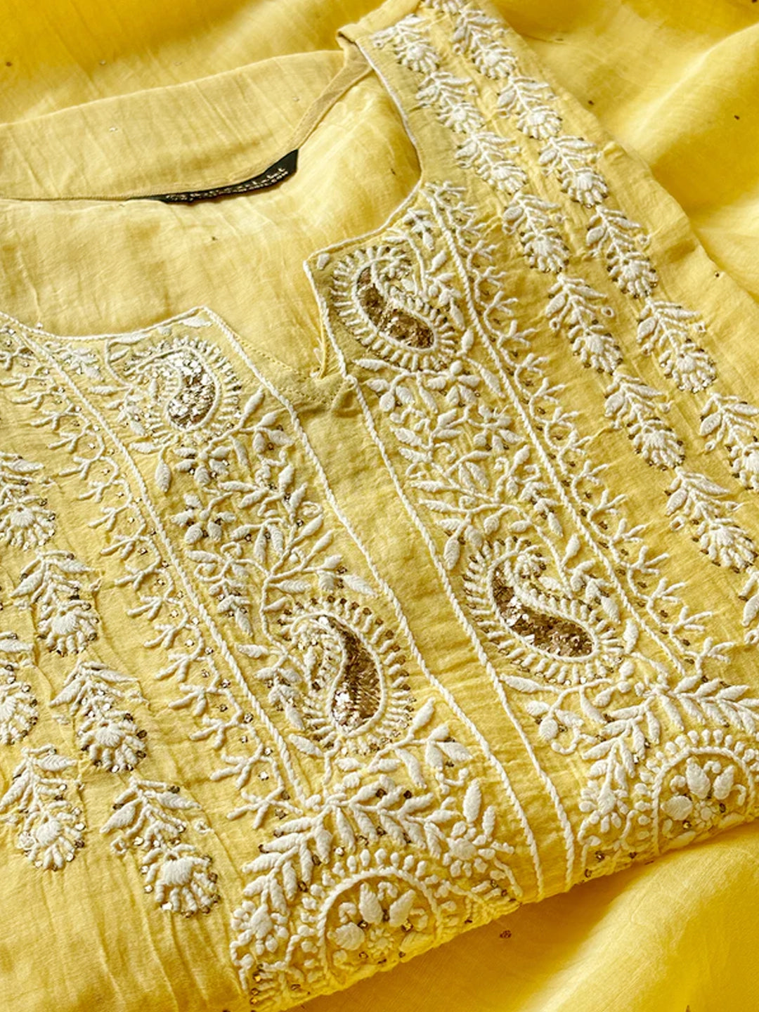 Yellow Mul Chanderi Chikankari Semi-stitched Kurti Piece with Dupatta