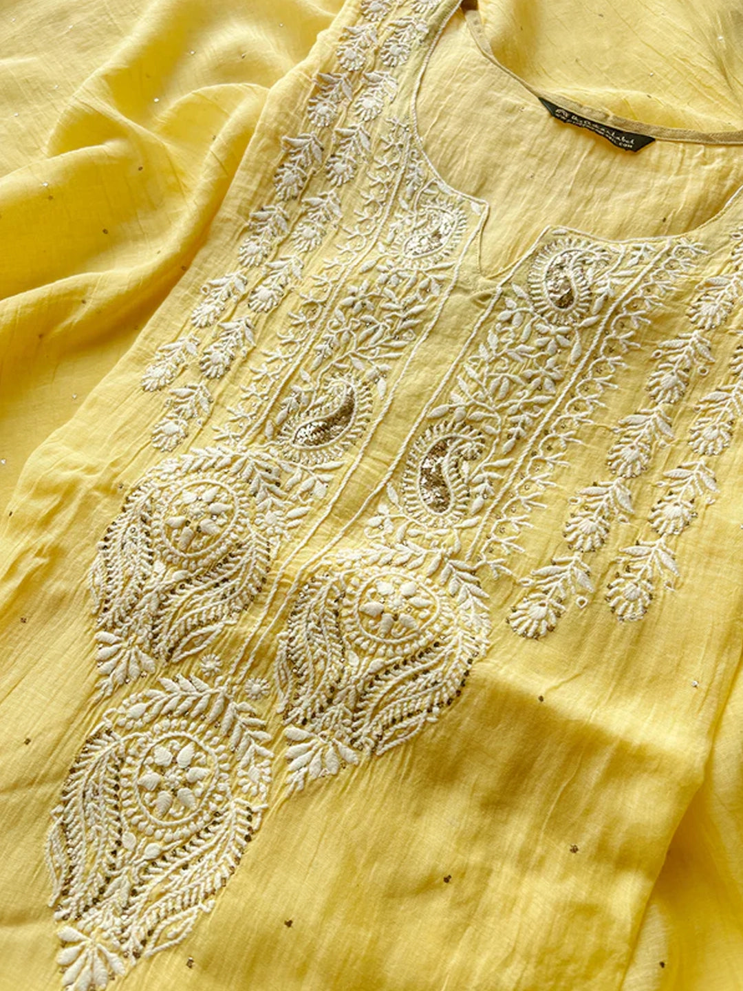 Yellow Mul Chanderi Chikankari Semi-stitched Kurti Piece with Dupatta