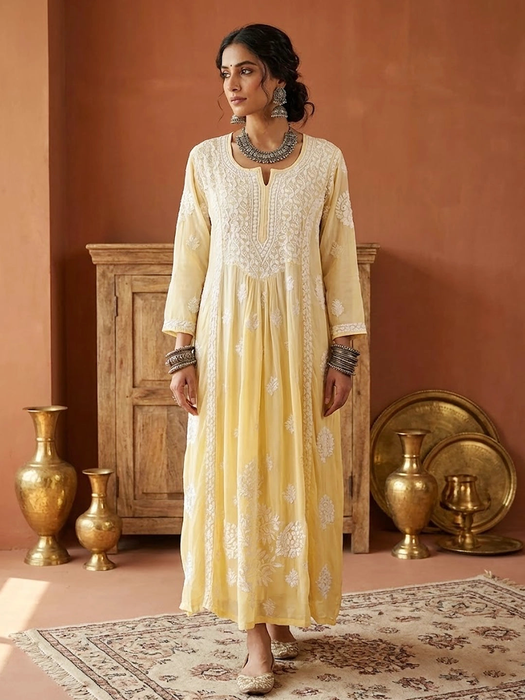 Nabiha Crepe Chikankari Kurta - Yellow