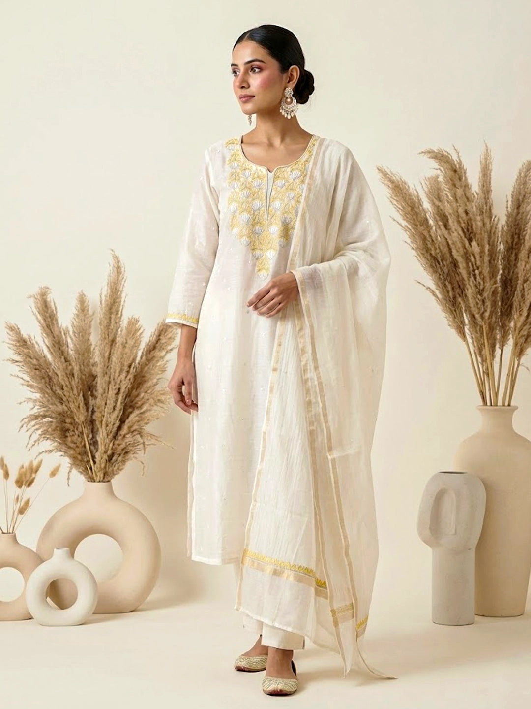 Naji Mul Chanderi Chikankari Kurta With Dupatta - Yellow