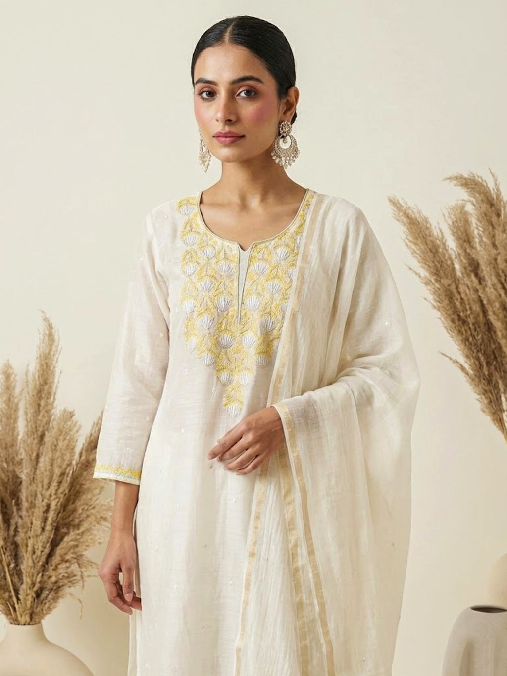 Naji Chikankari Kurta With Dupatta - Yellow